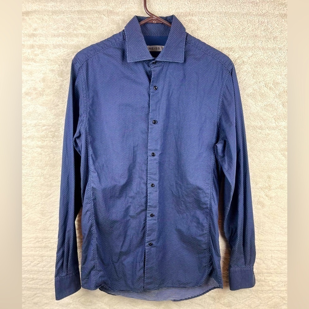 REISS  Men's Blue White Dots Button Down Men's Shirt Size Medium Quiet Luxury